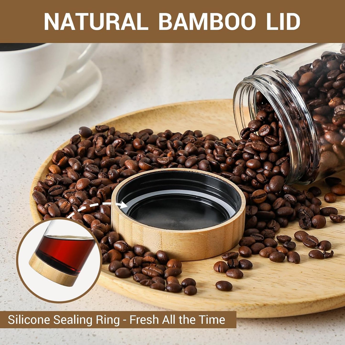 NETANY 4-pack 24oz Glass jars with Airtight Lids, Overnight Oats Containers with Bamboo Lids, Wide mouth Mason Salad jars, Glass Food Storage Containers for Snacks Yogurt Spice Sugar