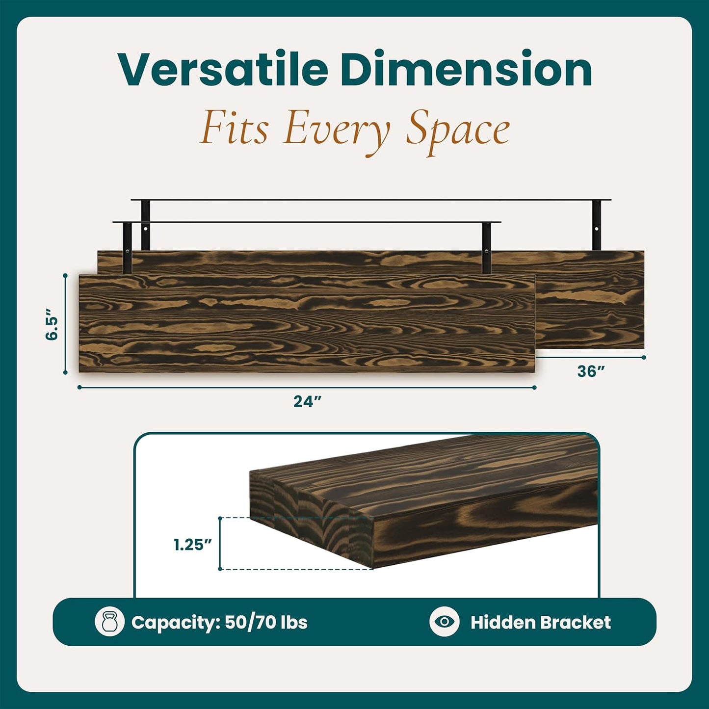 36'' Pine Wood Floating Shelves for Wall- Set of 2 - Rustic Wall Mounted Wooden Shelf for Stylish Home Décor (Dark Brown, 36x6.5x1.25)