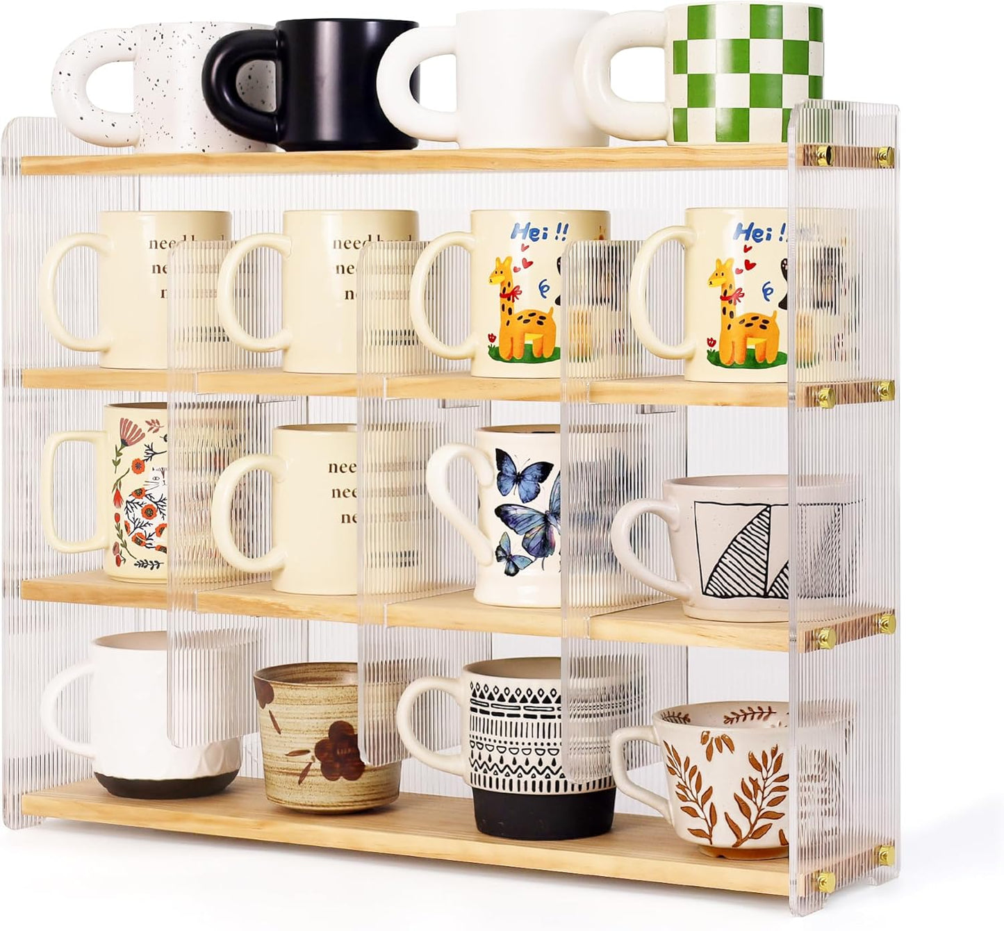 Coffee Mug Holder Wooden Cup Station Organizer 4-Tier Cup Holder for Coffee Bar Mug Display Rack for Countertop Mug Holder Shelf for Home Kitchen Pine Wood