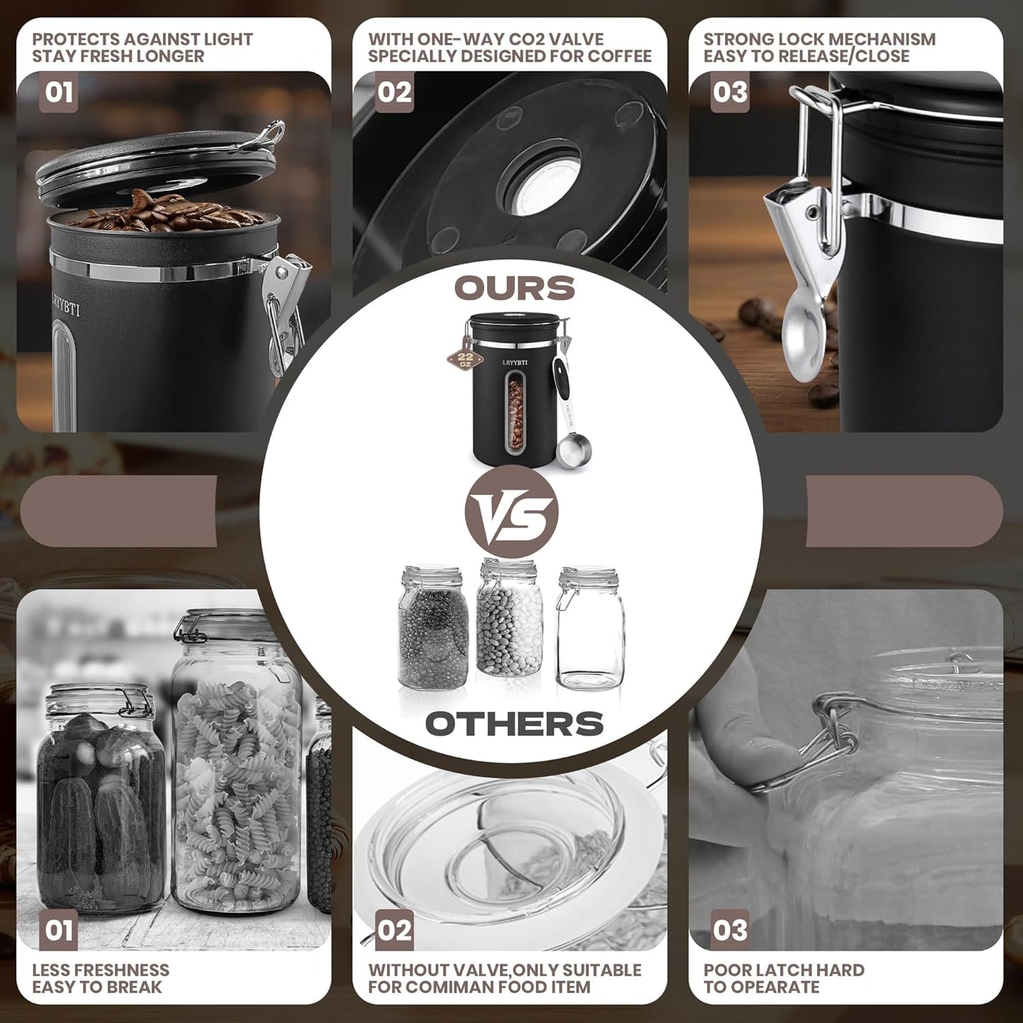 Coffee Canisters with Window,Scoop and Airtight Lid Stainless Steel Kitchen Bean Storage Grounds Container（22OZ/Black)Date Tracker and Scoop for Grounds Coffee Bar Accessories Beans, Cereal, Sugar