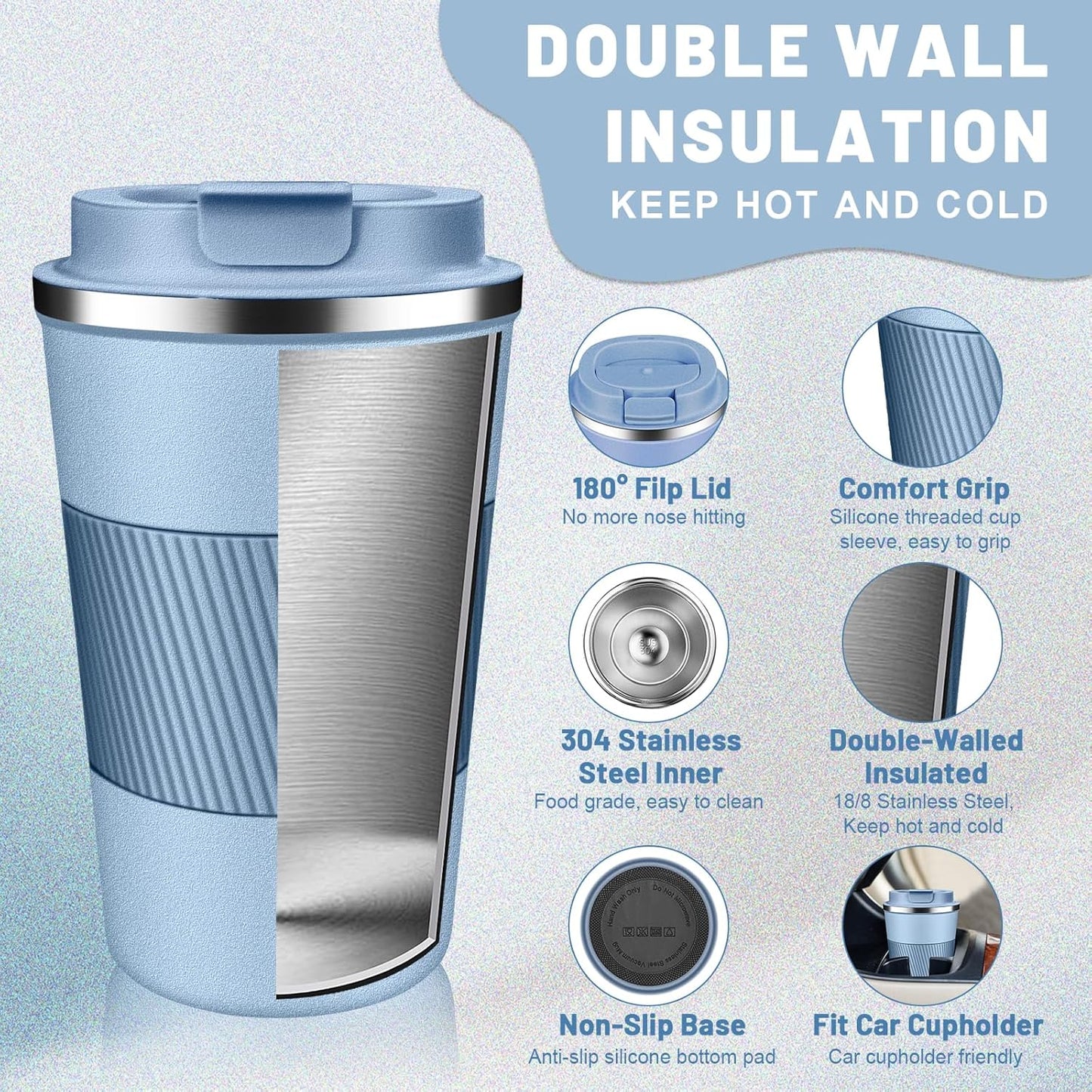Insulated Coffee Tumblers with Flip Lid 12oz / 17oz, Stainless Steel Travel Coffee Mug Leak Proof, Vacuum Insulated Coffee Mug Reusable Cup, Keeps Cold and Hot for Coffee Tea
