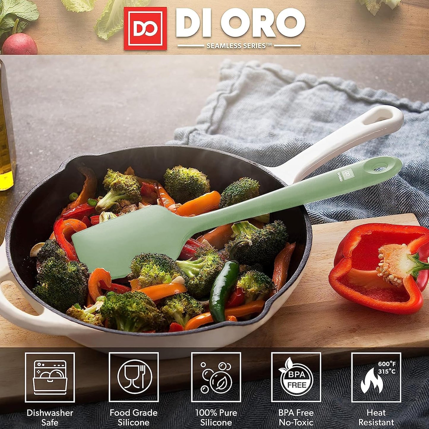 DI ORO Silicone Spatula - 600°F Heat-Resistant Rubber Kitchen Spatula for Baking, Scraping, & Mixing - BPA Free Nonstick Cookware Safe Flexible Utensil for Cooking - Seamless & Dishwasher Safe (Sage)
