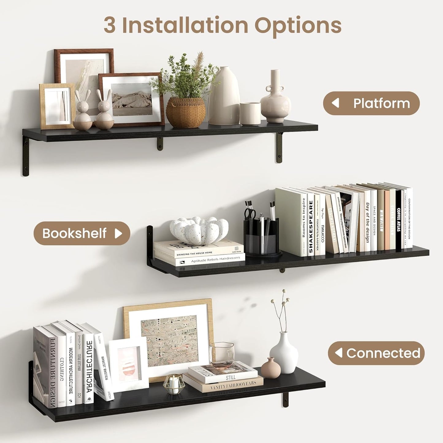 Fun Memories Deep Floating Shelves, 36W x 8D Floating Shelves Set of 2, Wall Mounted Shelf with Metal Brackets, Rustic Wood Wall Shelf for Bathroom, Kitchen and Living Room, Black