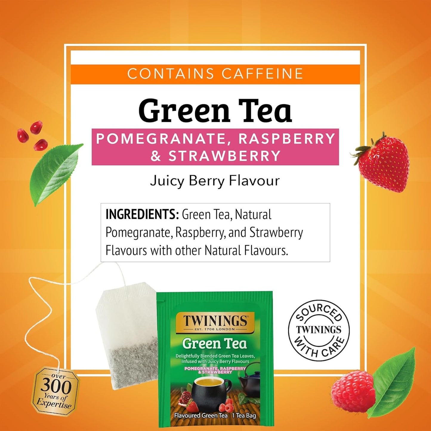 Twinings Green Tea with Pomegranate, Raspberry, & Strawberry Individually Wrapped Bags, 20 Count (Pack of 6), Caffeinated, Enjoy Hot or Iced, 120 Teabags