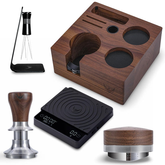 54mm Espresso Tool Set for Breville Machines – Walnut Espresso Organizer, Spring Loaded Self Leveling Tamper, Distribution Tool, WDT Stirrer & Precision Scale