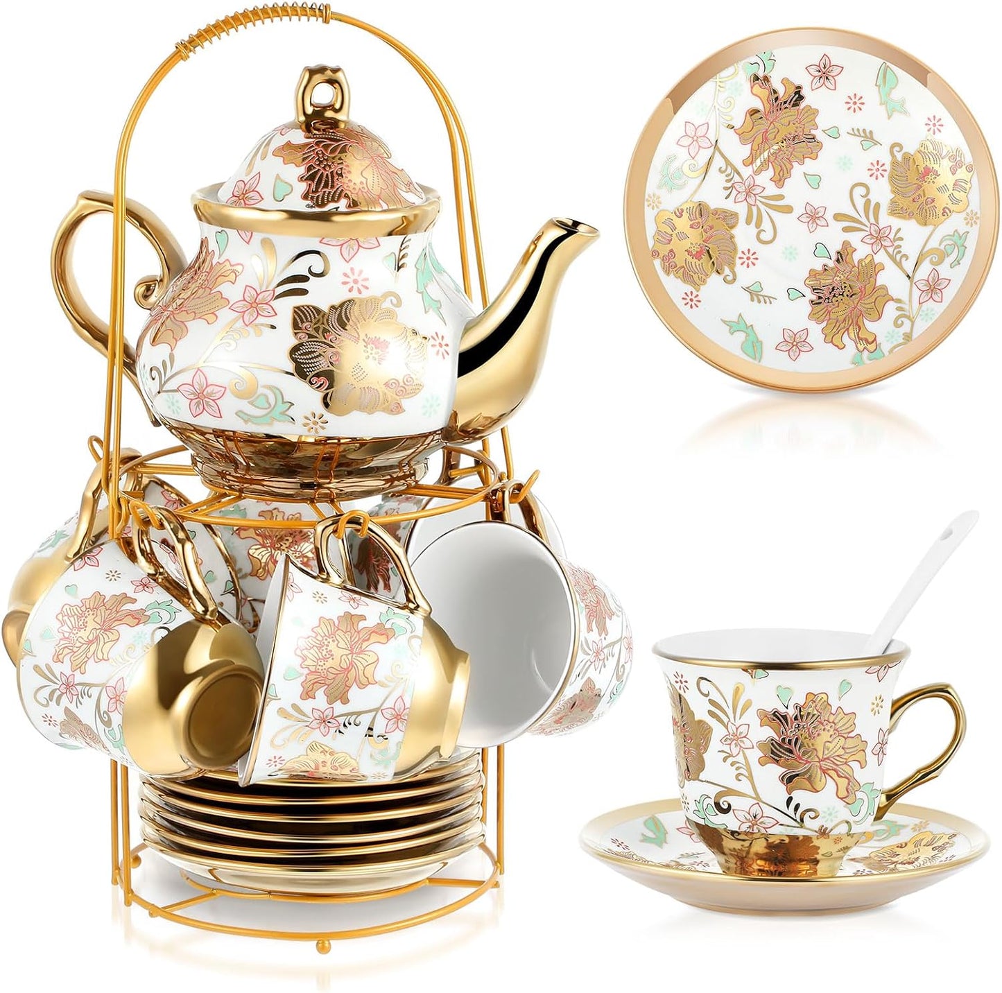 Zhehao 20 Pcs Porcelain Tea Set with Metal Holder and Spoon Adult Ceramic Tea Party Set European Flower Painting Teapot Cup Saucer Spoon Set for Women, Large Version(Elegant Style)