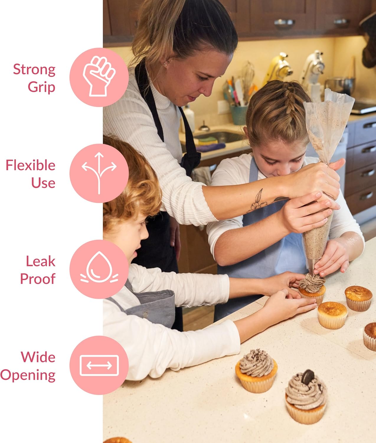 Prestee Reusable Piping Bags and Tips Set - 5 TPU 12-Inch Piping Bags with 5 Metal Icing Tips and 2 Couplers - Flexible and Durable Frosting Piping Kit for Cake Cupcake Cookie Decorating - Transparent