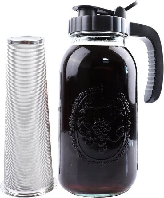 Cold Brew Coffee Maker Pitcher 2 Quart Glass Mason Jar With Spout Lid Filter Half Gallon Wide Mouth Iced Tea Brewing Jug Heavy Duty Handle Airtight & Leak-Proof Pitcher For Fridge Sun Tea 64 OZ
