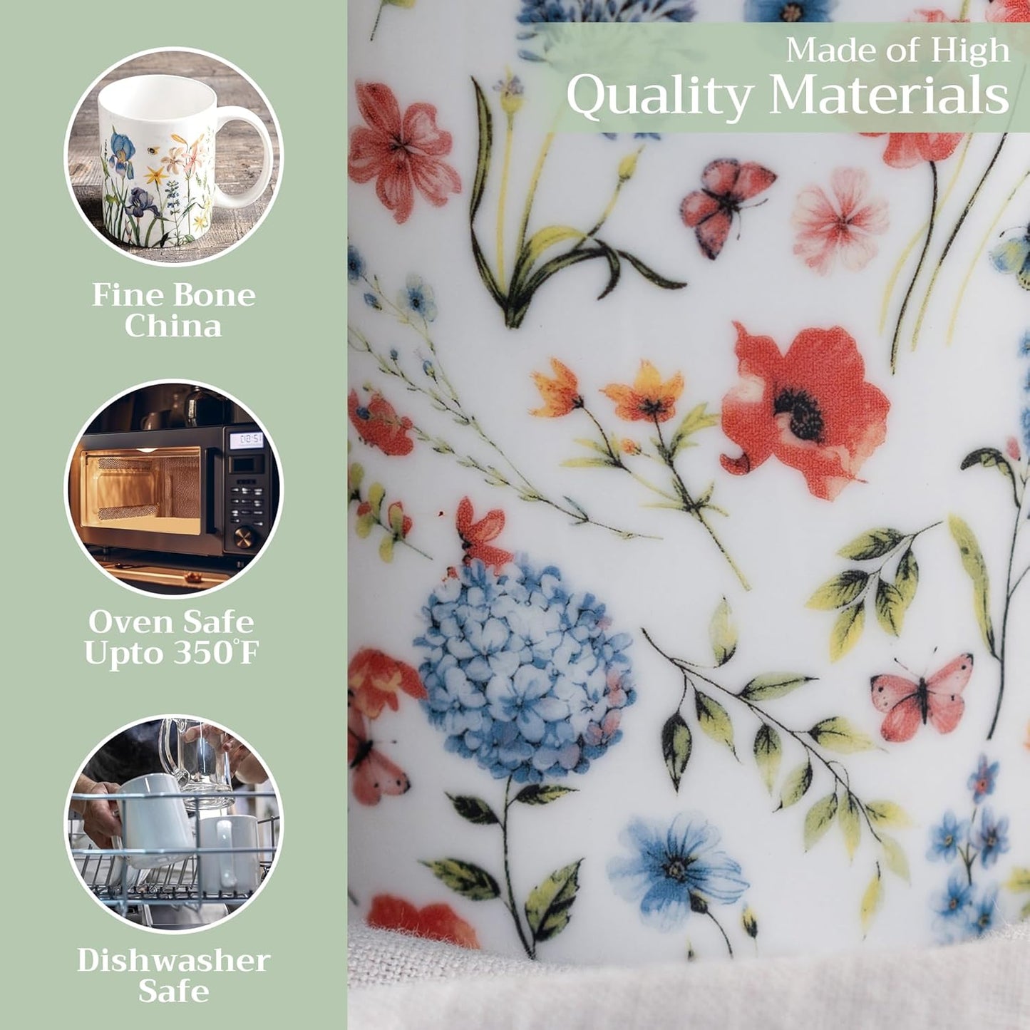 Maison d' Hermine Coffee Mug with Handles Fine Bone China Mugs Pack of One Tea Cups for Hot Beverages Cappuccino Latte Home Restaurant Office Perfect for Gift (Just Floral - Blues 'N Redz, 15 Ounce)