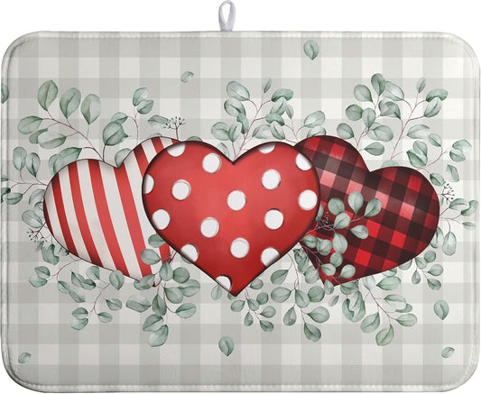 Valentines Day Dish Drying Mat Valentine Buffalo Plaid Eucalyptus Hearts Dishes Dryer Pad for Kitchen Countertops Microfiber 18x24 Inches