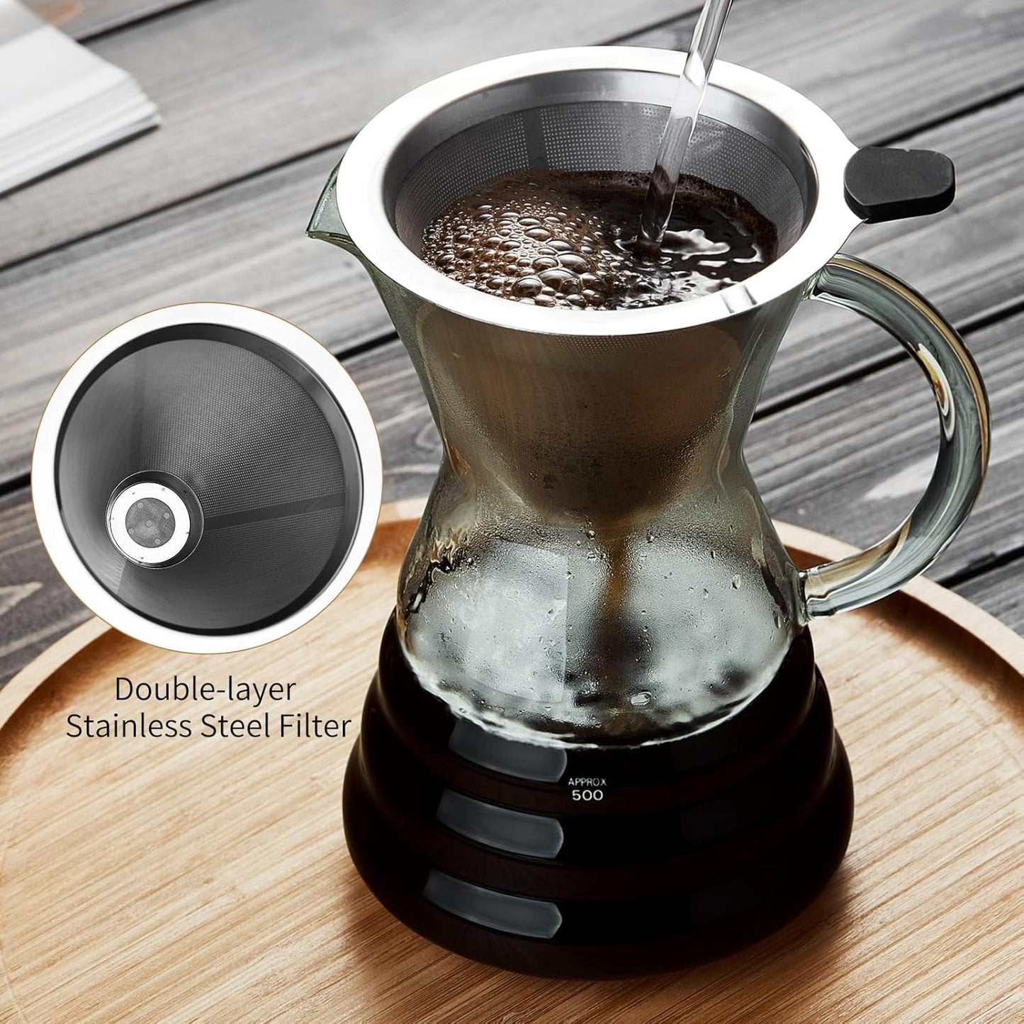 Unbreakable - Pour Over Coffee Maker with Permanent Stainless Filter 32 fl oz, Thickened Heat-Resistant Borosilicate Glass Dripper Coffee Brewer, Stovetop Safe, Ink