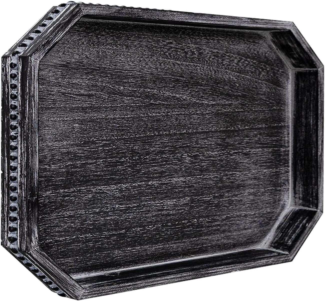 MAONAME Wood Serving Tray, Farmhouse Wooden Tray for Coffee Table, Octagonal Beaded Trays, Vintage Black Decorative Trays for Living Room, Kitchen, 15.7" X 10.2" X 1.6"
