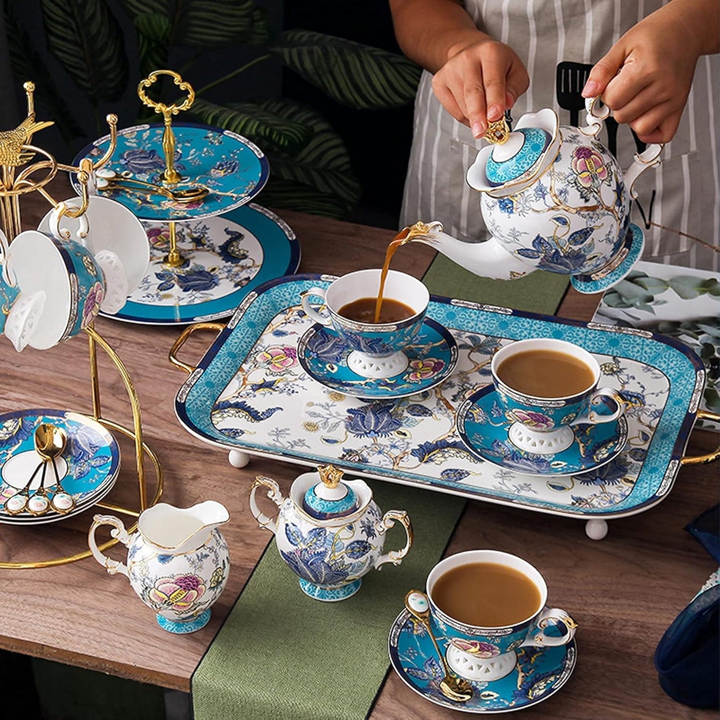 ACMLIFE Bone China Tea Sets with Cake Stand 3 Tiers for 6 Adults, 21 Piece Vintage Tea Cup Set, Blue Floral Tea Sets for Women Tea Party or Gift Giving China/English Tea Cup Set