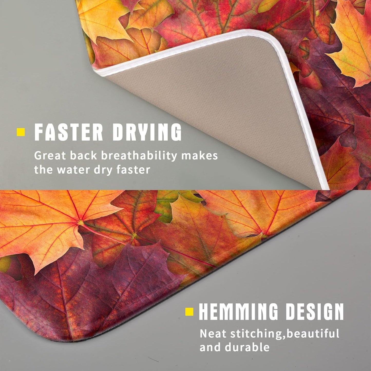 Colorful Autumn Maple Leaves Dish Drying Mat for Kitchen Counter Fall Drying Mat 16 x 18 Inch with Absorbent Reversible Microfiber Dish Drying Pad Dish Rack Drainer Mat for Coffee Bar