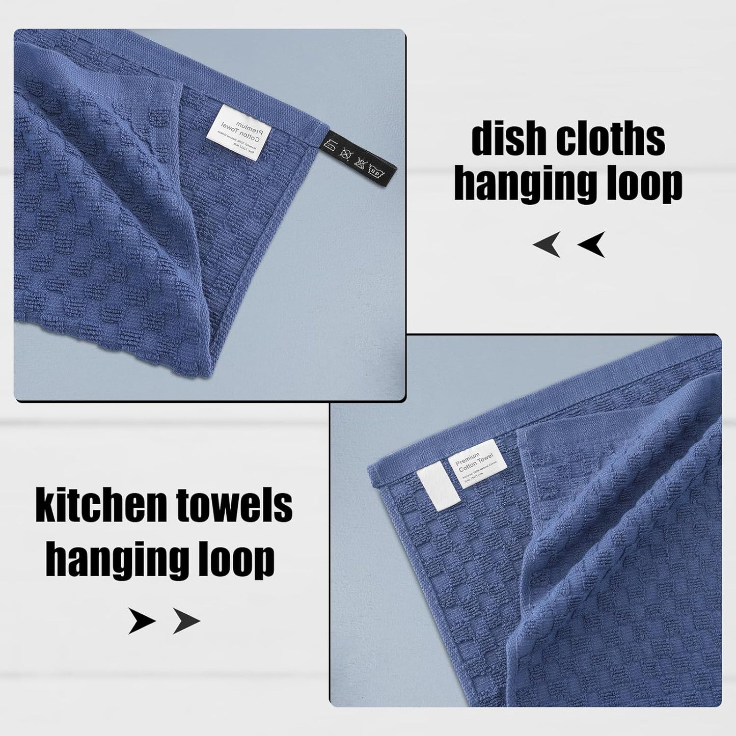 Fintale 100% Cotton Kitchen Towels and Dishcloths Set, 12 x 12 & 15 x 25 Inches, Set of 8 Bulk Super Soft and Absorbent Terry Cloth Dish Towels, Quick Drying Hand Towels with Hanging Loop, Navy Blue