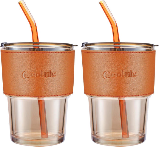 Iced Coffee Cup, 15Oz/450ml Glass Cups With Lids And Straws, Iced Coffee Glasses Tumbler, Thick Wall Glass Mug For Tea Water With 2 Straw And Leather Sleeve, Xmas Gifts (Amber 2PCS)