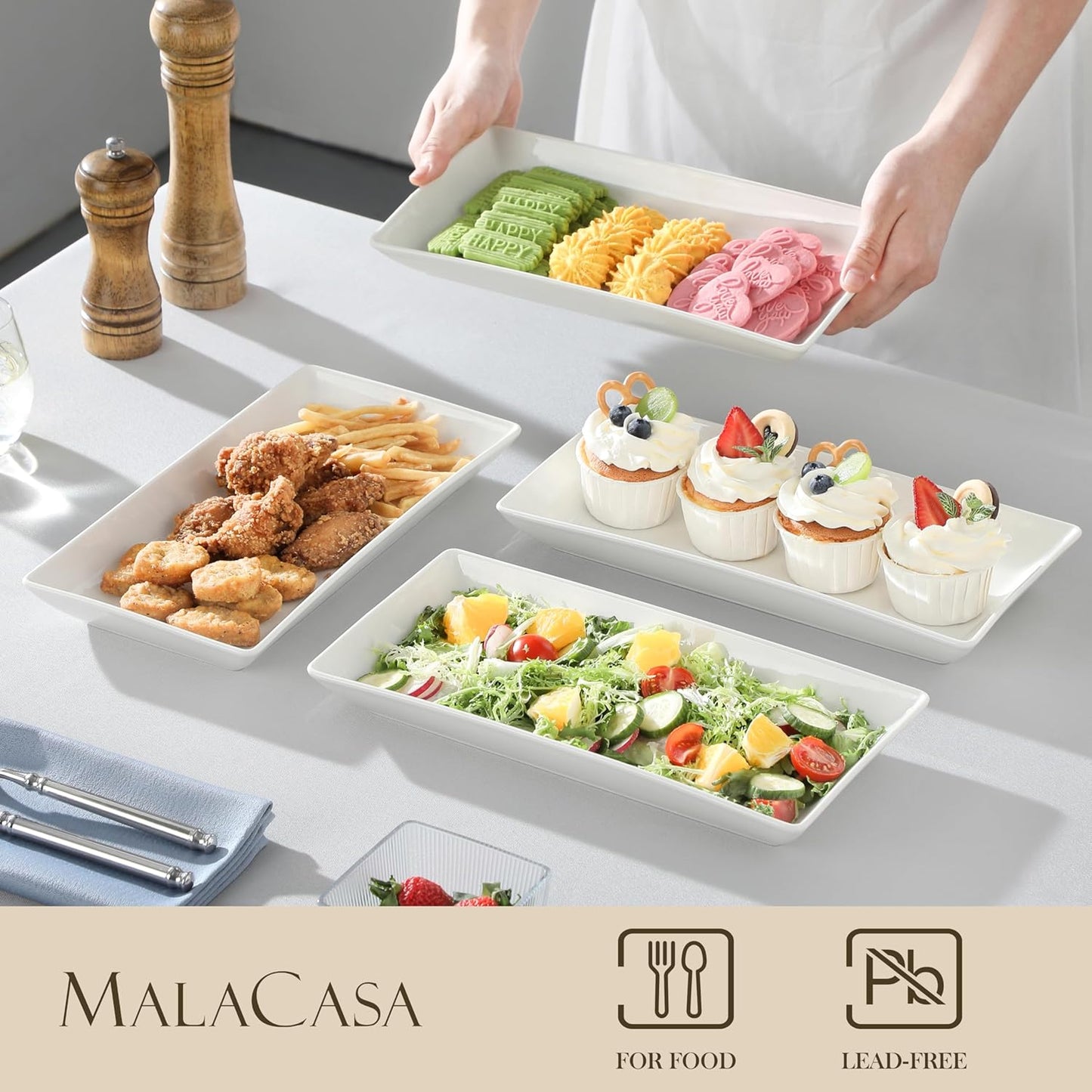 MALACASA Serving Platters Set of 4, Ceramic Serving Platters and Trays for Serving Food, Rectangular Serving Trays for Party, Large Serving Plates, Party Serving Trays and Platters - 12 Inch, White