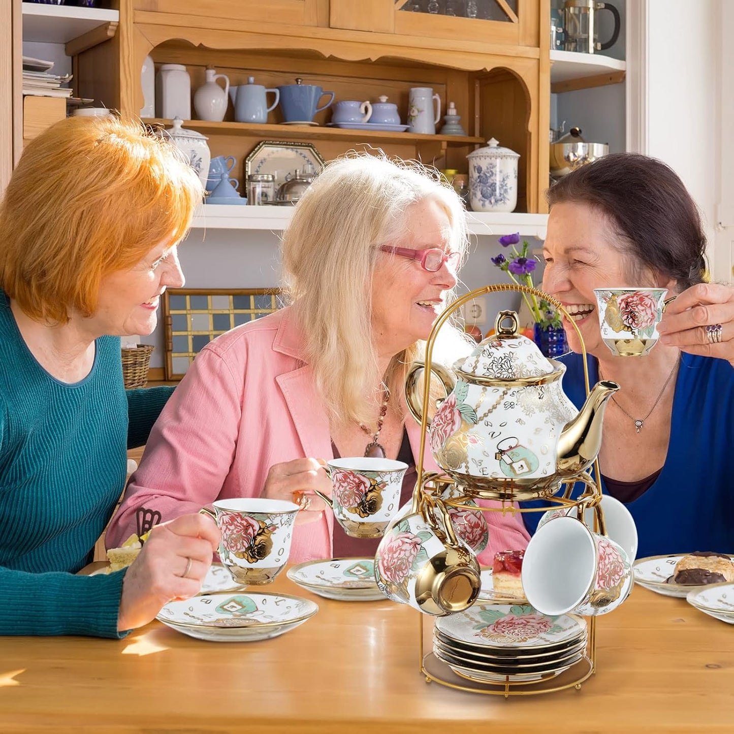 Zhehao 20 Pcs Porcelain Tea Set with Metal Holder and Spoon Adult Ceramic Tea Party Set European Flower Painting Teapot Cup Saucer Spoon Set for Women, Large Version(Bright Style)