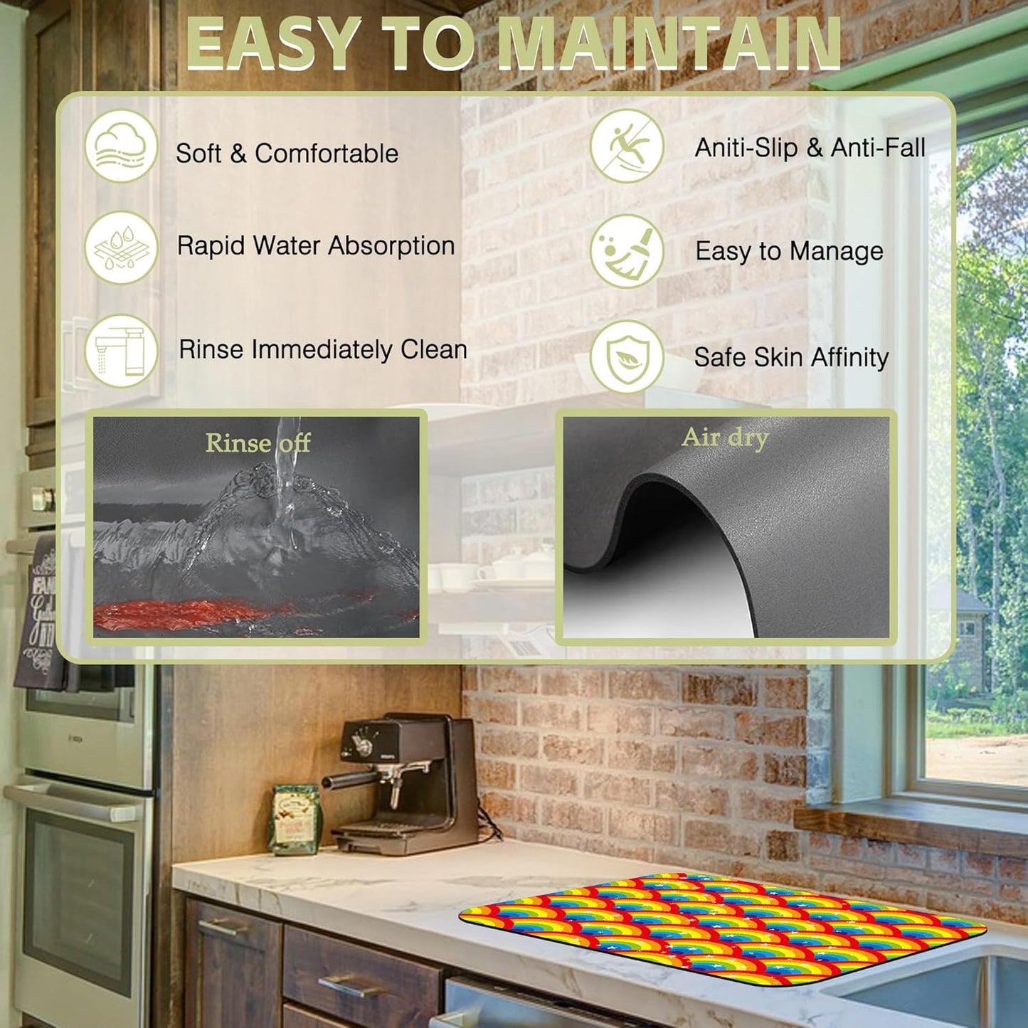 Kitchen Mat Rainbow Half Circle Star Dish Drying Mat 16"x24" Bsorbent Coffee Maker Mat for Sink Dishes or Under Rack Kitchen Counter Accessories Absorbent Hide Stain Rubber Backed Dish Drying Pad