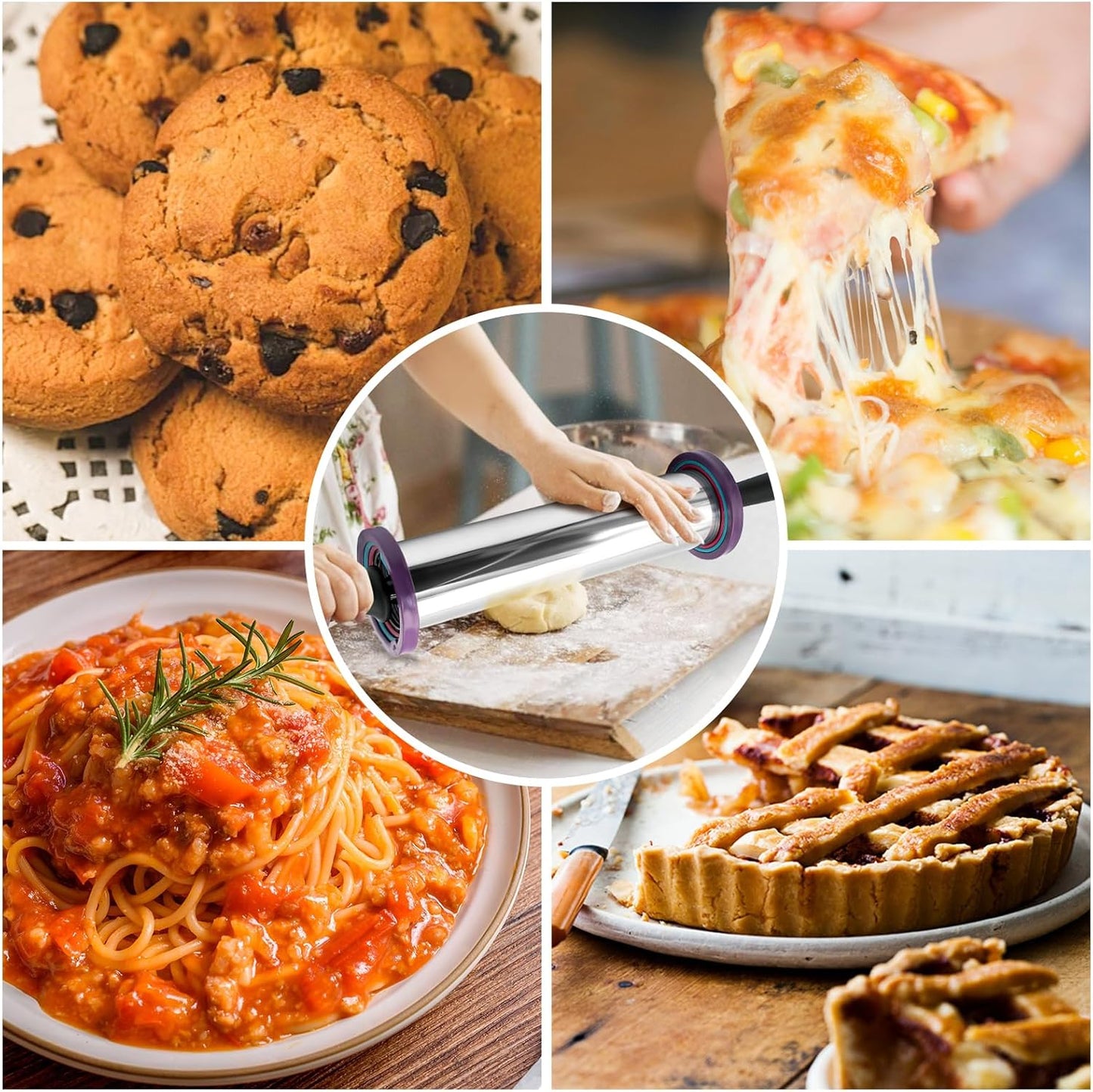 Rolling Pins,Rolling Pin and Silicone Baking Pastry Mat Set,Rolling Pins,Adjustable Stainless Steel Rolling Pin with Thickness Rings for Baking Dough,Pizza,Pie,Pasta