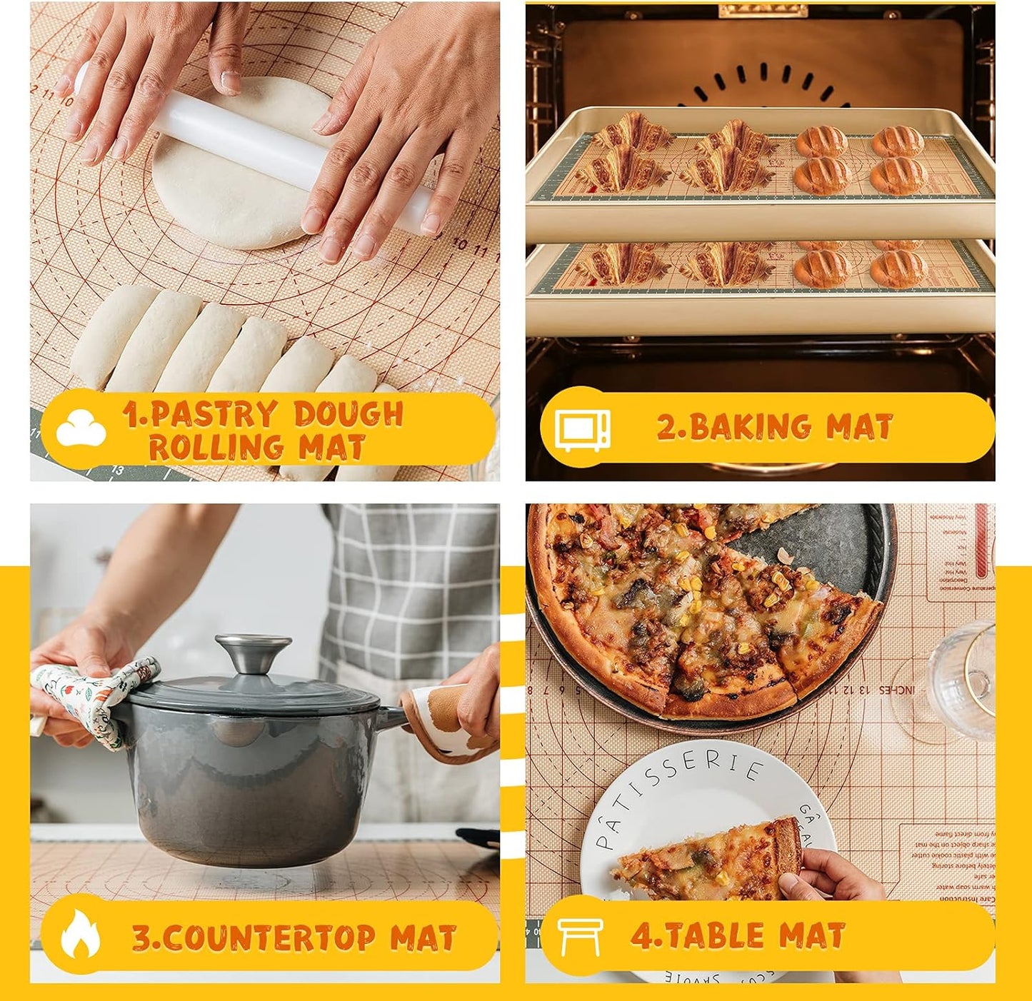 katbite Silicone Pastry Mat Non Stick, Silicone Baking Mat 26" x 16" with Measurement, Non-Slip Dough Rolling Mat for Counter, Oven Liner, Pie Crust, Reusable Fondant Mat Extra Thick