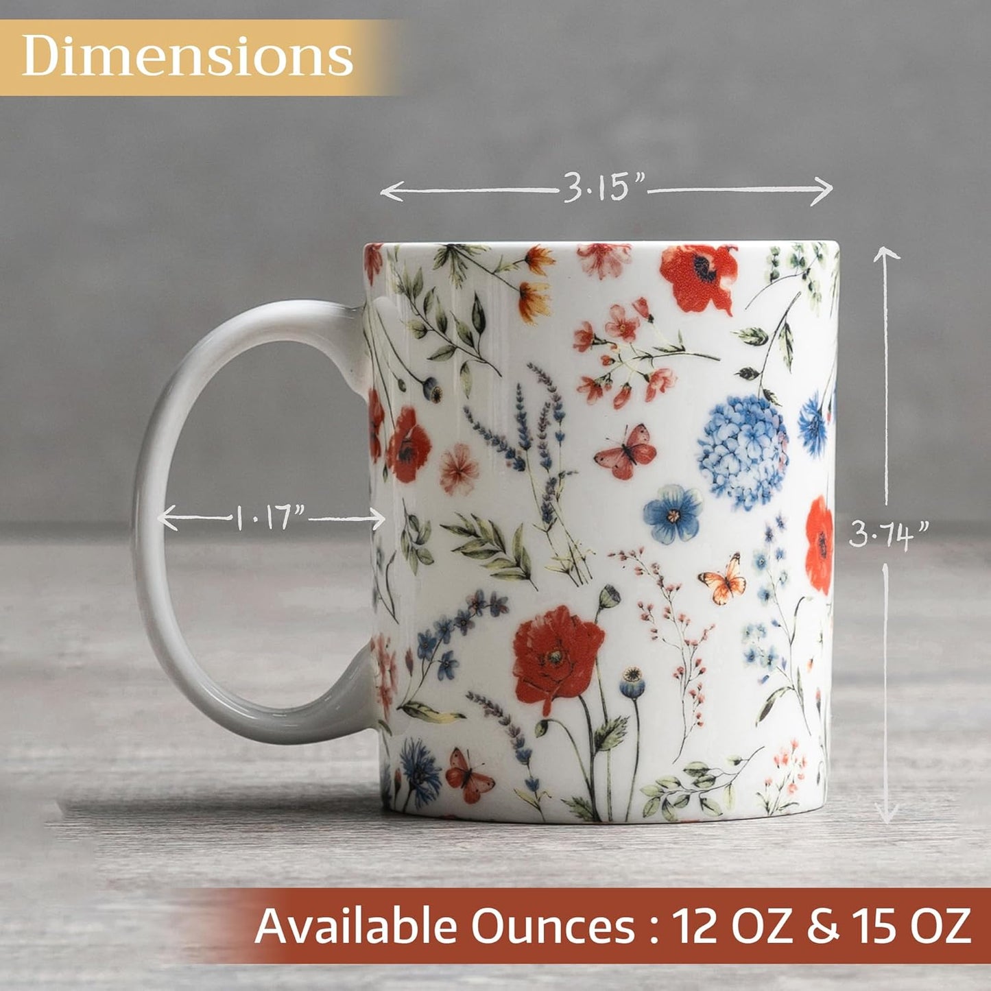 Maison d' Hermine Coffee Mug with Handles Fine Bone China Mugs Pack of One Tea Cups for Hot Beverages Cappuccino Latte Home Restaurant Office Perfect for Gift (Just Floral - Blues 'N Redz, 12 Ounce)
