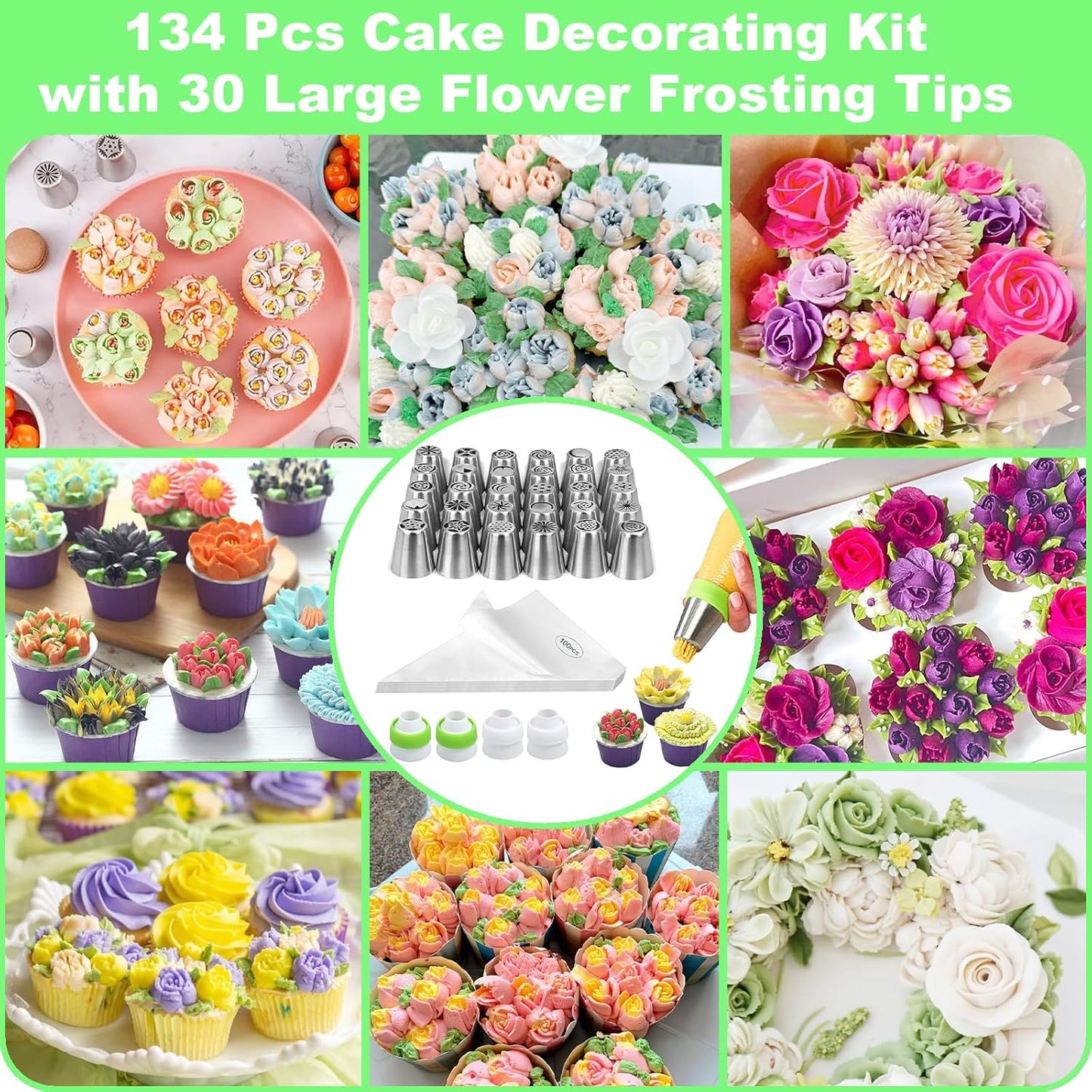 Suuker Russian Piping Tips, 134 Pieces Piping Bags and Tips Set, Frosting Piping Kit with 30 Large Piping Tips, 100 Icing Bags and Tips Set, Cake Decorating Kit