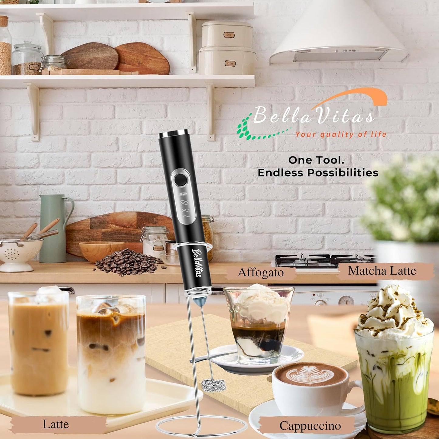 Milk Frother Handheld Rechargeable 3-Speed Electric Frother Wand Whisk Foam Maker Drink Mixer with Stand, 2 Whisks, Spice Shaker, Art Stencils, Art Pen for Coffee Latte, Cappuccino, Black