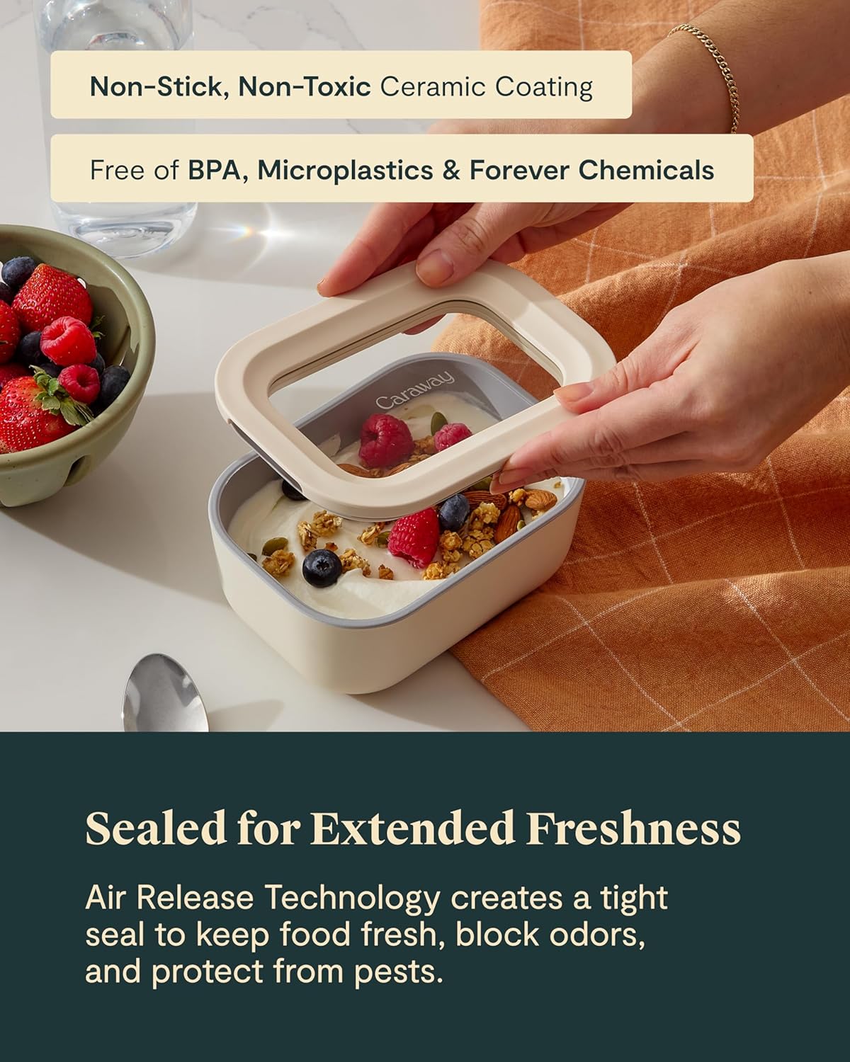 Caraway 6pc Glass Food Storage Set - 2.6 Cup Storage Containers For Food (6) - Non-Toxic Ceramic-Coated Glass - Air Release Technology - Compact & Stackable Design - Navy