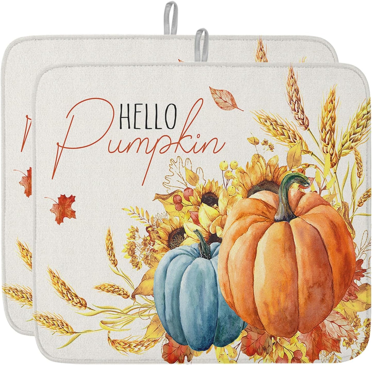 Fall Dish Drying Mat for Kitchen Counter Hello Pumpkin Drying Pad Absorbent Drying Mats for Countertops Sinks Draining Racks Sunflower Ears of Wheat Drainer Holiday Harvest Thanksgiving Decor 16x18