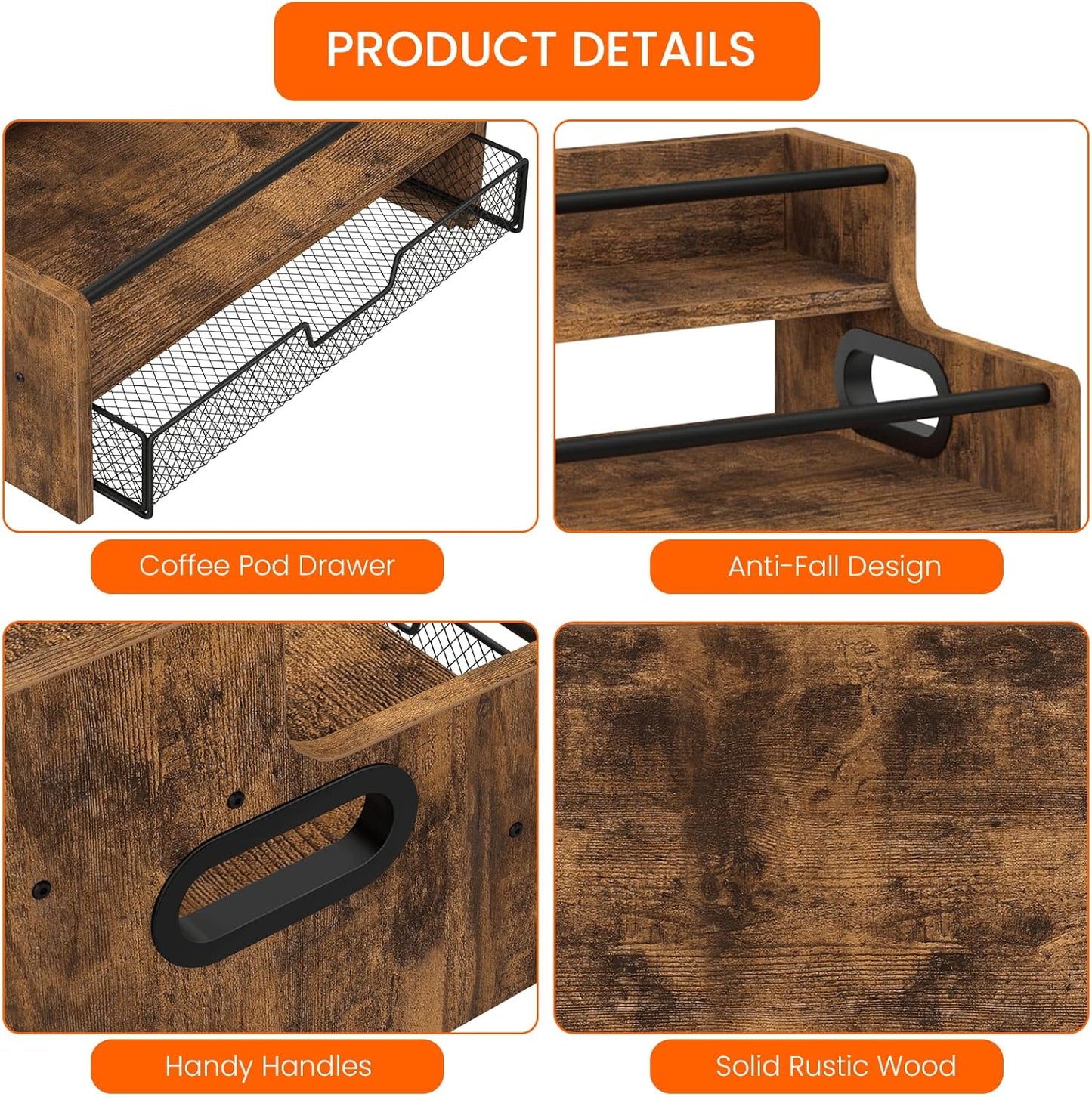 Homode Coffee Syrup Organizer Rack, 3-Tier 8 Bottles Syrup Stand with 35 K Cup Storage Drawer for Coffee Station Bar Accessories, Countertop Wood Liquor Bottle Holder for Wine, Rustic Brown