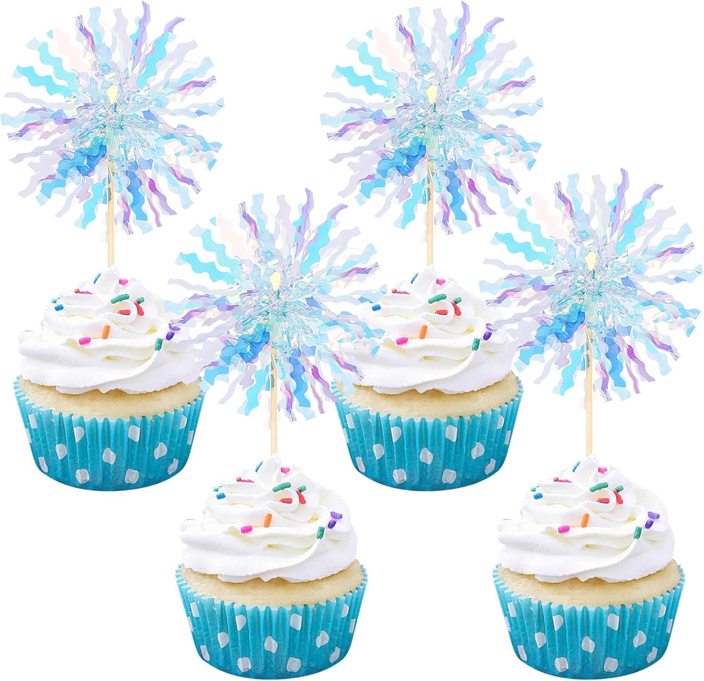 30 PCS Foil Firework Cupcake Toppers Sparkle Tinsel Cupcake Picks Happy Birthday Cake Toppers Drink Stirrers Cocktail Food Fruit Toothpicks for Baby Shower Wedding Party Decorations Supplies Blue