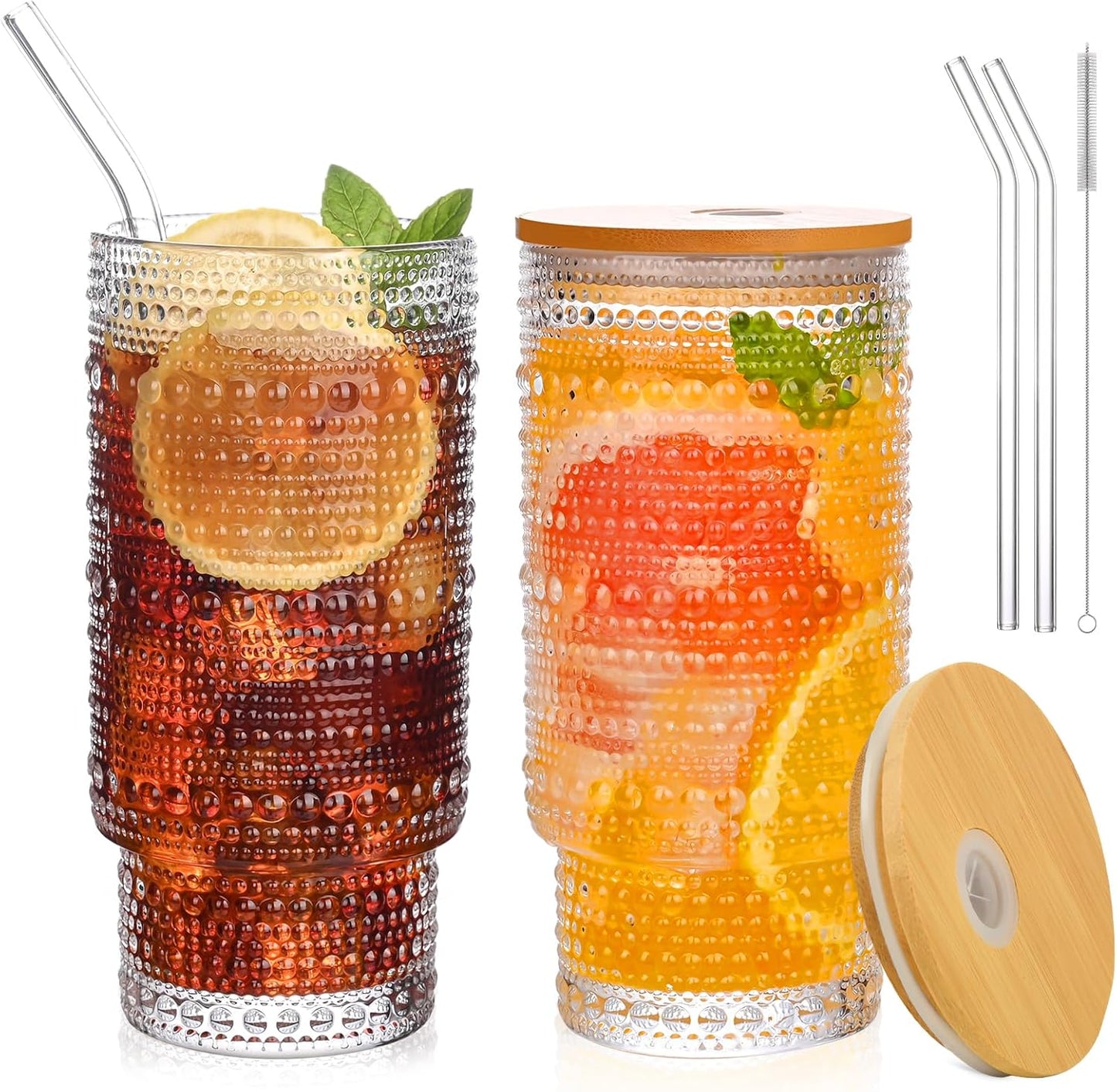 16OZ Glass Tumbler with Straw and Lid,Glass Cups with Lids and Straws,Ribbed Iced Coffee Cups Vintage Embossed Glassware for Juice Whiskey Cocktail Beer(2Pack)