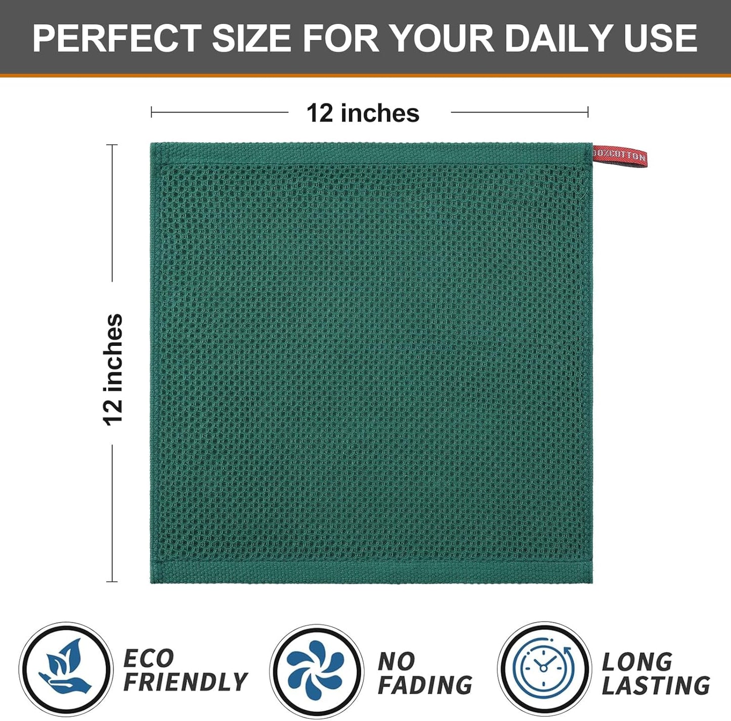 Kitinjoy 100% Cotton Kitchen Dish Cloths, 8 Pack Waffle Weave Ultra Soft Absorbent Dish Towels for Drying Dishes Quick Drying Kitchen Towels Dish Rags, 12 X 12 Inches, Dark Green