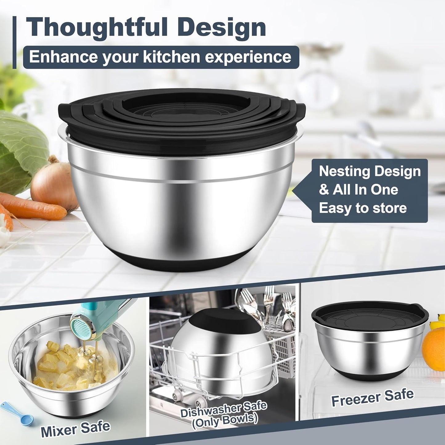 TeamFar Mixing Bowls, Black Mixing Bowls with Lids Set, Stainless Steel Nesting Salad Bowl with Air-tight Lid & Silicone Bottom, Non Slip & Stackable - Set of 6-4.6/2.6/2 / 1.5/1 / 0.7 Qt