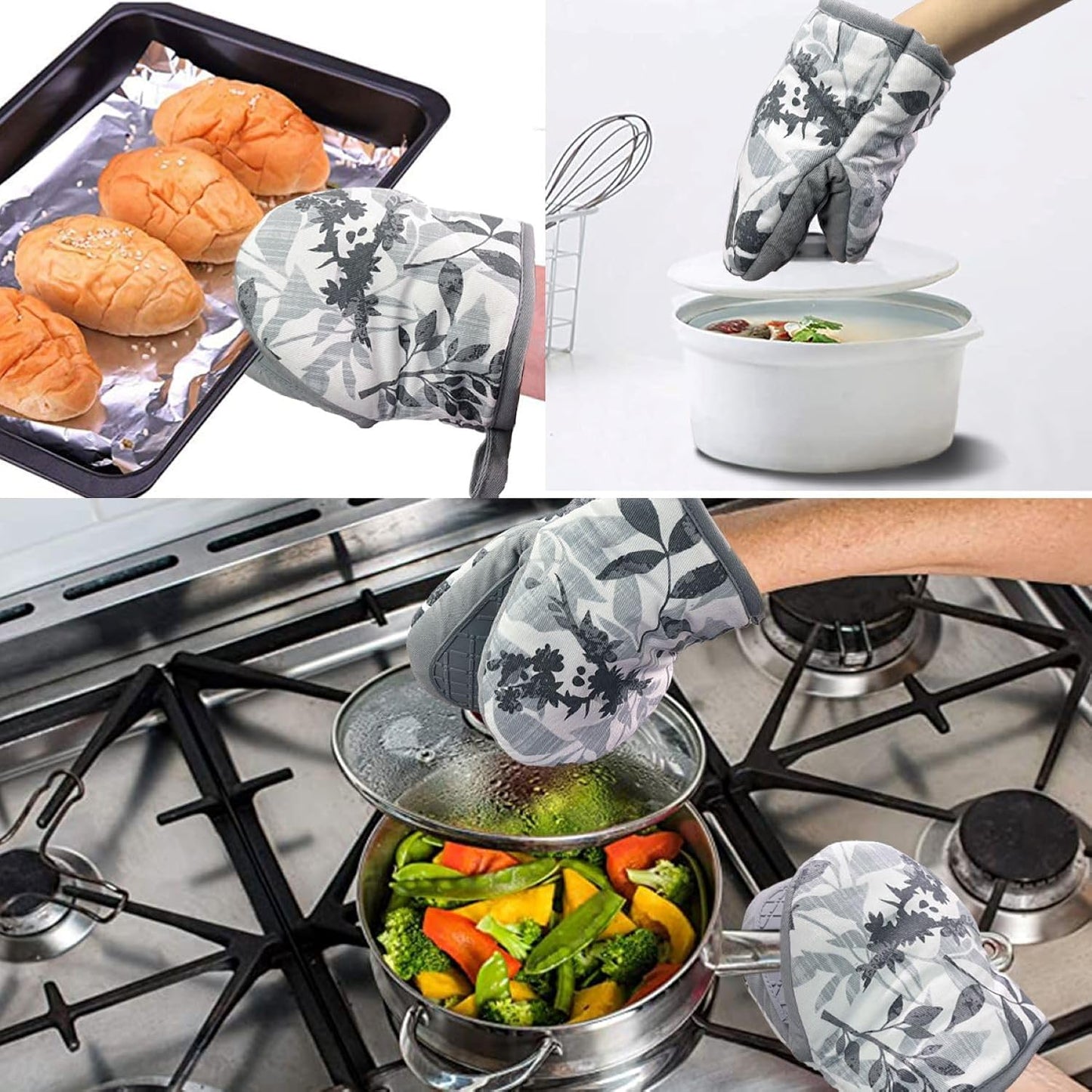 Mini Silicone Oven Mitts, Heat and Slip Resistant Kitchen Mittens 2-Pack Set, Foliage Flower Soft Short Oven Gloves, Flexible Thick Pot Holders for Safe Cooking Baking and Grilling (Grayish)