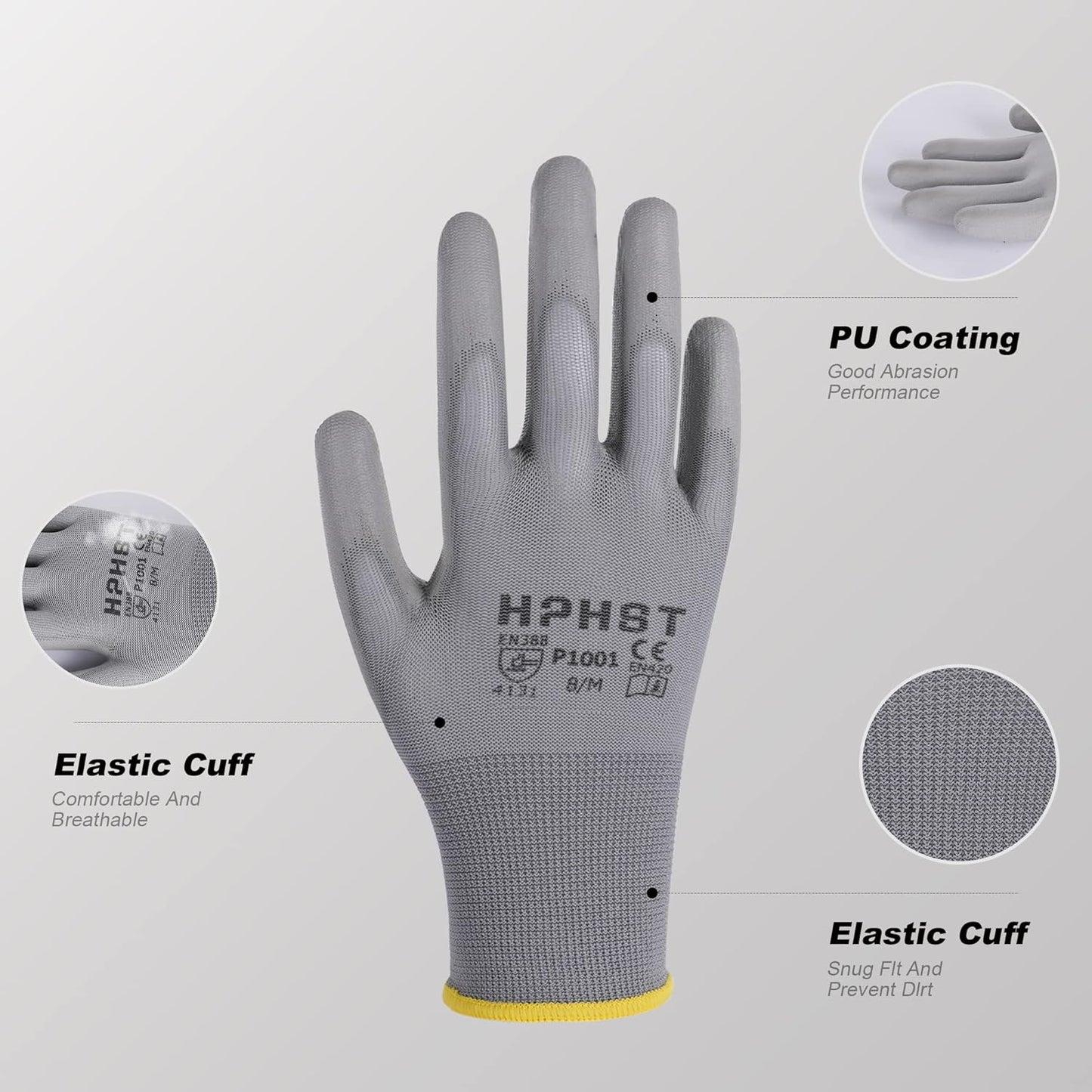 PU Coated Safety Work Gloves, 12 Pairs Work Gloves Mechanic Working Seamless Knit Glove with Polyurethane Coated Smooth