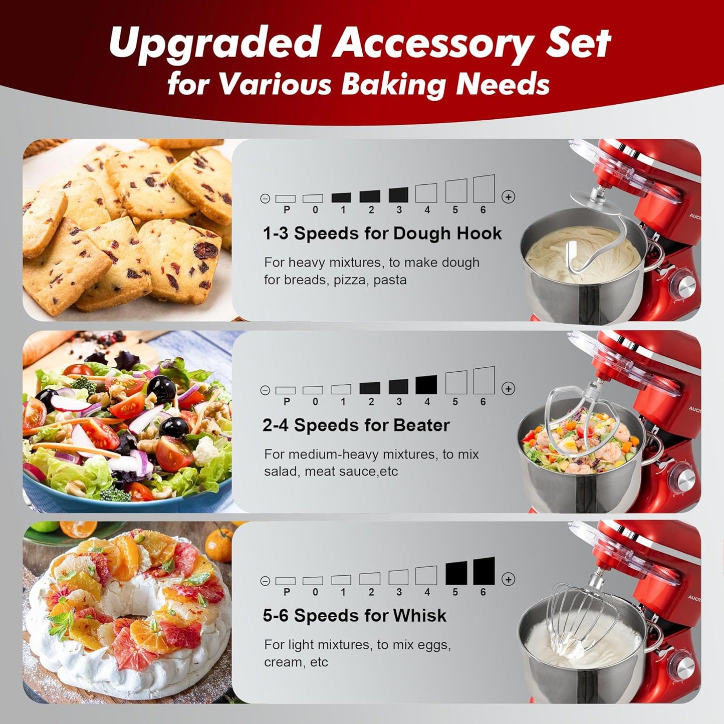 Aucma Stand Mixer, 900W 8QT Large Kitchen Mixer, Kitchen Electric Mixers with Dough Hook, Wire Whip & Beater (Red, 8QT)