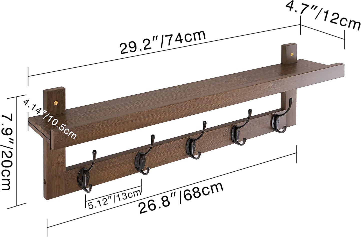 SMIBUY Coat Hooks with Shelf Wall-Mounted, 29.2 Inch Entryway Coat Rack for Wall, Bamboo Hanging Shelf with 5 Double Metal Hooks for Bathroom, Bedroom, Kitchen, Living Room, Mudroom (Walnut)