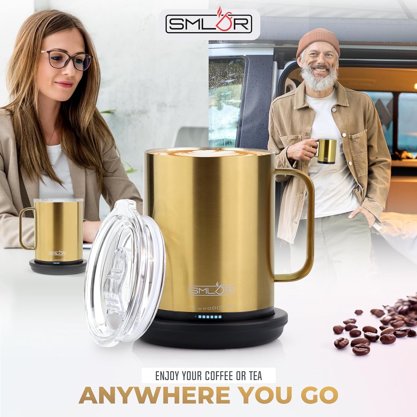 SMLDR Pro Heated Mug, 14 oz Smart Mug, Self-Heating, Adjustable Temperature, Battery Powered, Great for Coffee & Tea, Excellent Gift (Gold)