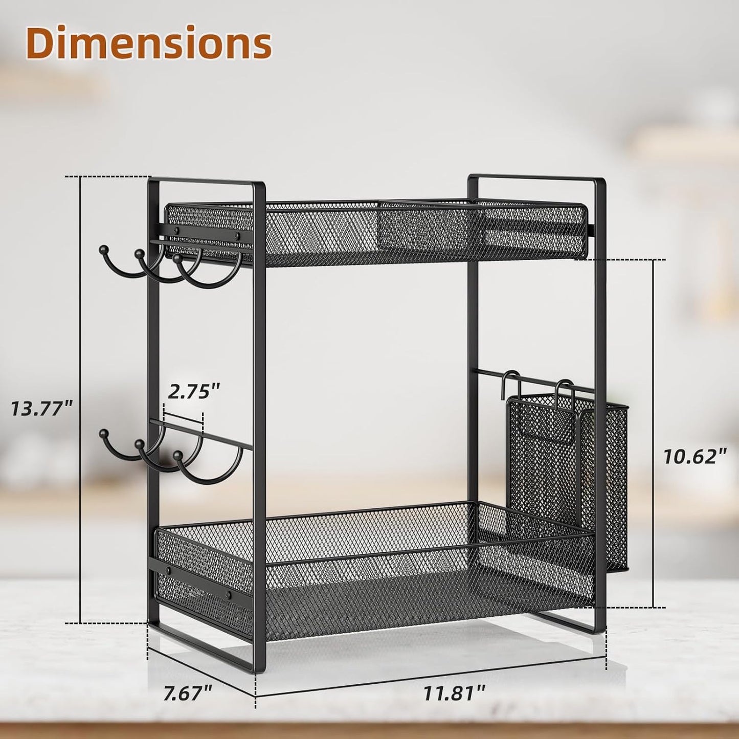 VITVITI Coffee Bar Organizer with Mug Holder, Metal Coffee Station Organizer for Countertop, 2 Tier Cup Mug Holders Rack with Basket for Kitchen Office, Black
