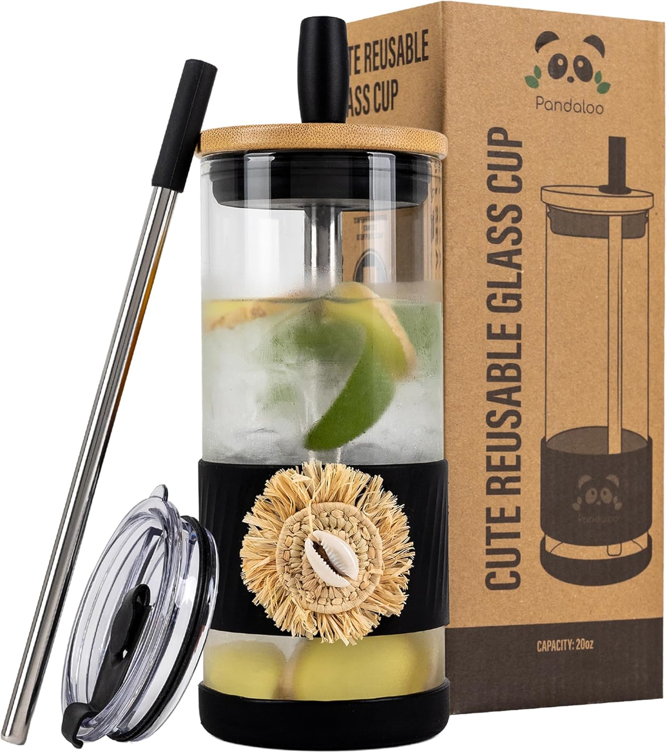 Pandaloo® Glass Cups With Lids and Straws -20 Fl Oz- Hand Made cool shell-raffia detail- Perfect Size Iced Coffee Cup - Smoothie Cup - BPA Free- (Ethnic-Chic Natural, 1 Count (Pack of 1))