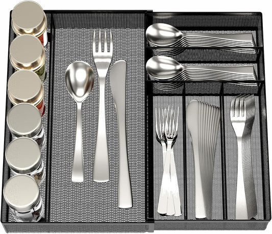JANE EYRE Utensil Drawer Organizer - Expandable Cutlery Tray, Silverware/Flatware Storage Divider for Kitchen, Mesh Designing with Non-slip Rubber Feet (black)