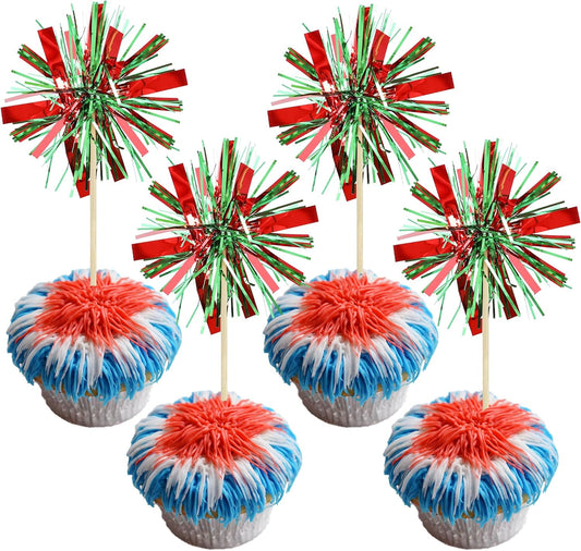 Gyufise 20Pcs Foil Firework Cupcake Toppers Happy Birthday Cake Toppers Tinsel Flower Drink Stirrers Cocktail Food Fruit Toothpicks for Valentine's Day Party Birthday Wedding Supplies Green Red
