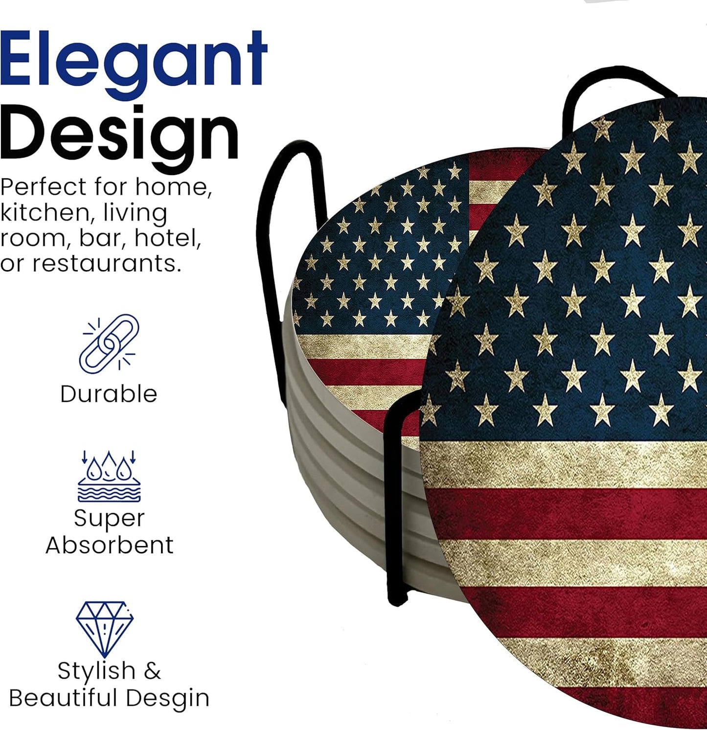 USA American Flag United States Round Coasters Set of 6 - Abosrbent Ceramic with Metal Stand for Drinks, Coffee, Non-Slip Cork Back for Tabletop Protection, 4 Inches (Rustic)