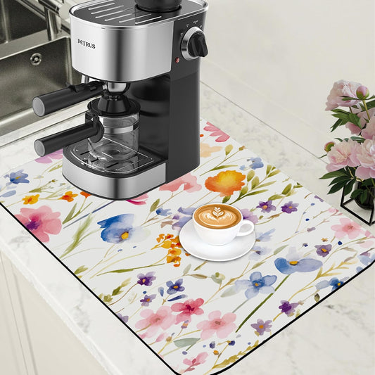 Watercolor Floral Meadow Coffee Mat Absorbent Dish Drying Mat for Kitchen Counter Hide Stain Rubber Backed Coffee Bar Accessories Fit Under Espresso Machine, 15.7 x 23.6 Inch