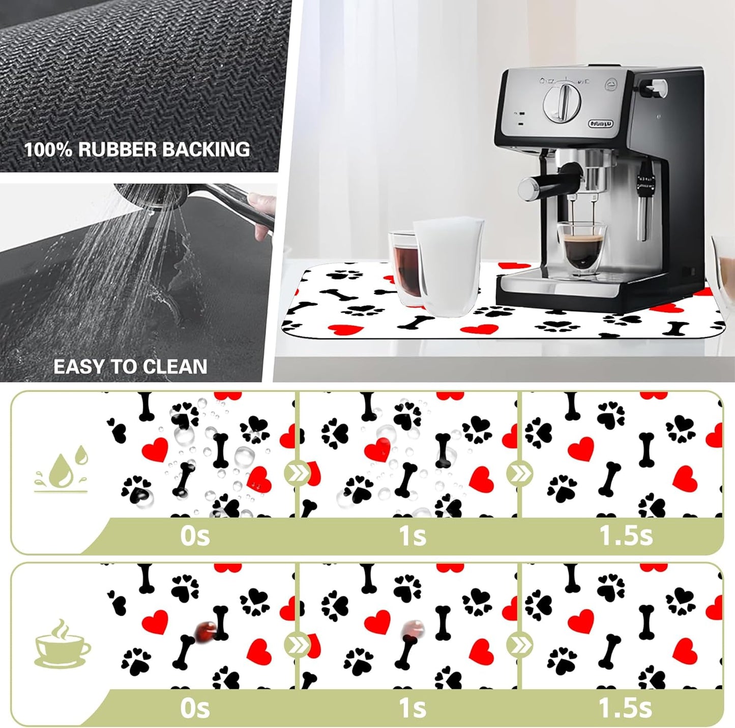 Dish Drying Mat Cute Dog Bone Paw Print Red Heart Kitchen Mat 12"x19" Bsorbent Coffee Maker Mat for Dishes,Utensils Coffee Maker Pots and Pans Easy Clean Dish Slip Resistant Pad