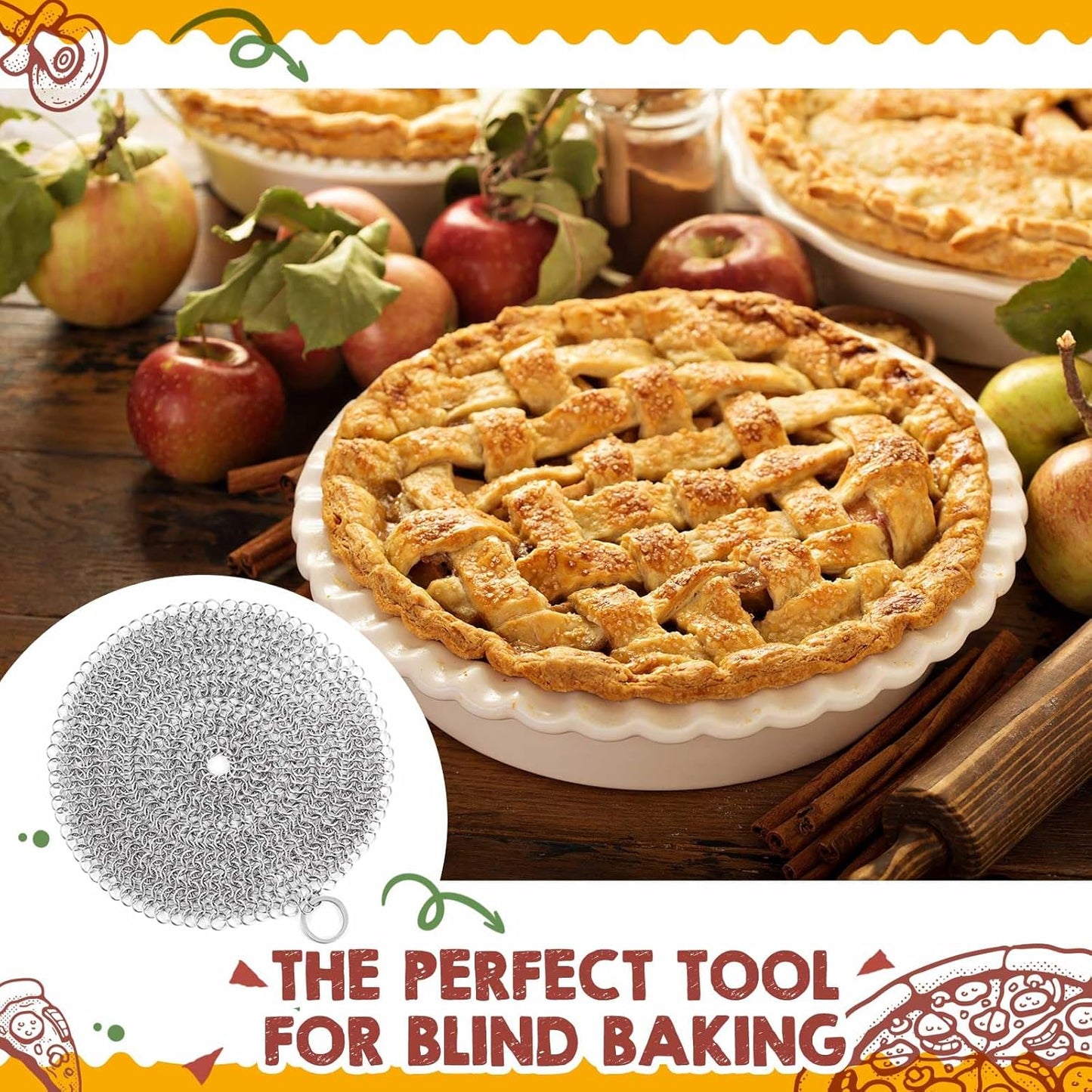 Patelai 2 Pcs Stainless Steel Pie Weights for Baking Universal Fit Pie Weight for 7-10 Inch Pies Round Metal Pies Weights Chain Dishwasher Safe Durable Blind Baking Dough Cooking Pastry (8 Inch)