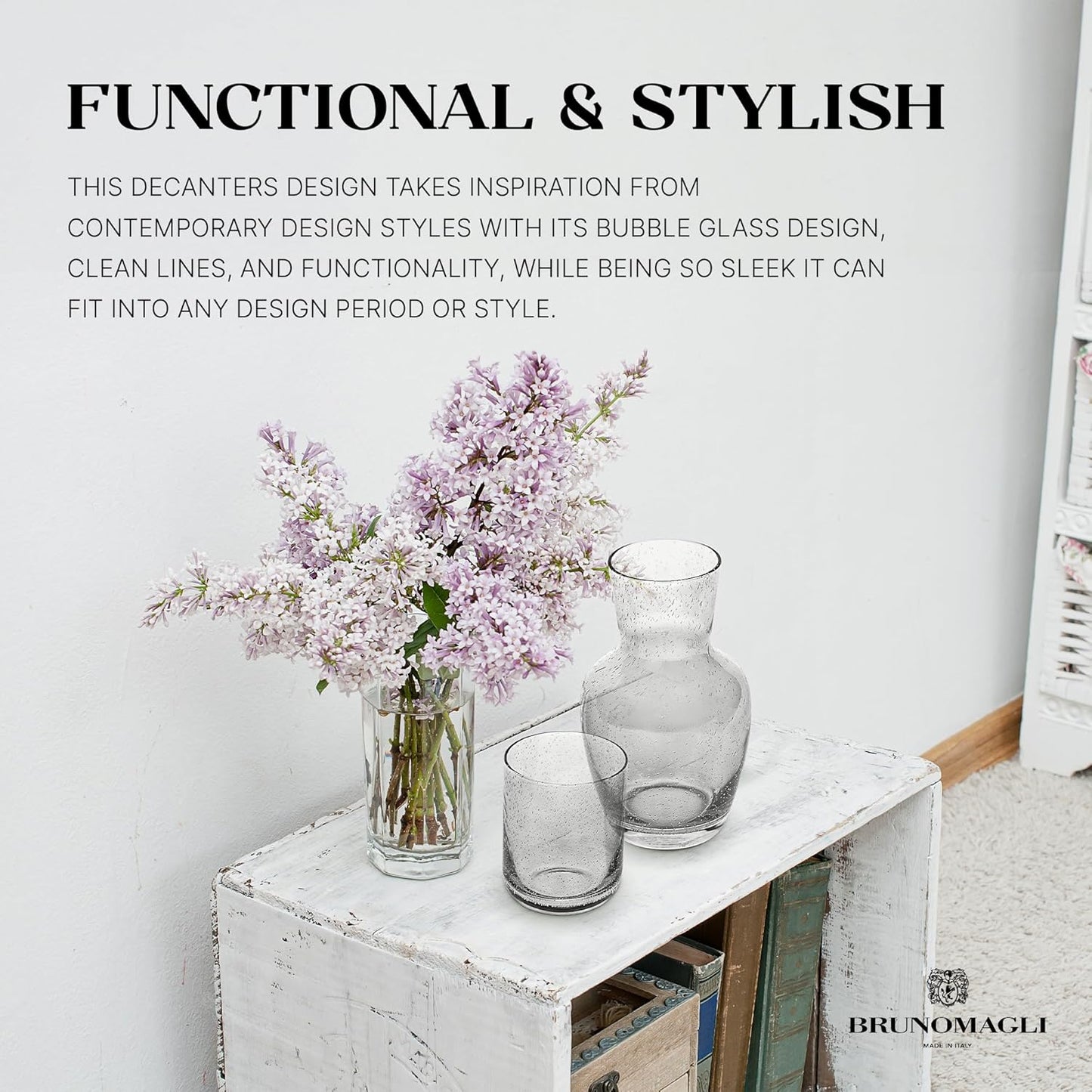 Bruno Magli Bubble Carafe | 2-Pc Set | Drinking Glass Tumbler Doubles as a Lid | Water Pitcher with Matching Cup for Office, Nightstand, Home, & Guest Room Décor | Gift Boxed | 28-Oz (Gray)