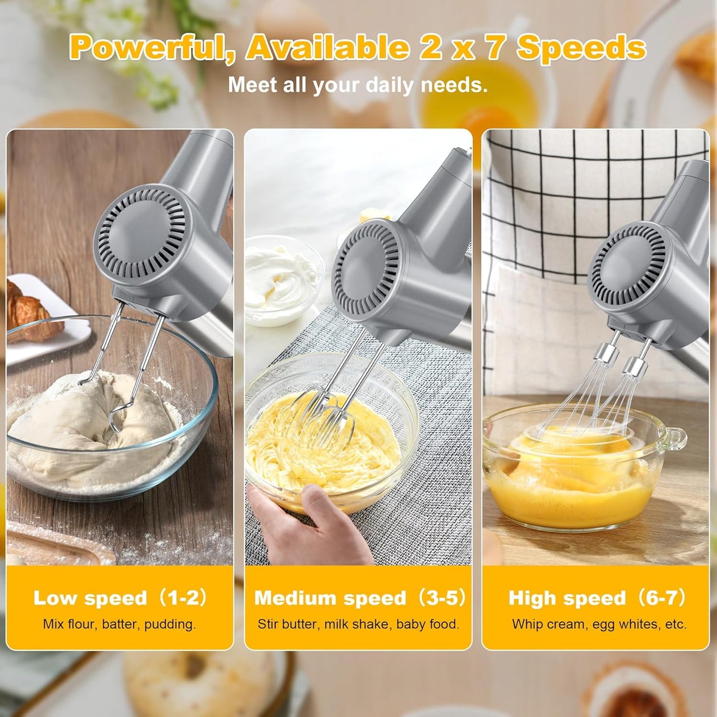 Cordless Hand Mixer, Electric Mixer Handheld Digital Display 7 Speed Rechargeable with 6 Stainless Steel Attachments Whisks Beaters Dough Hooks & Storage Base, Blender for Baking, Eggs, Silver